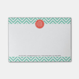 Chic Aqua Green Chevron and Orange Custom Monogram Post-it Notes