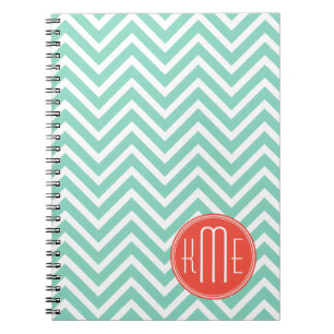 Chic Aqua Green Chevron and Orange Custom Monogram Spiral Notebook