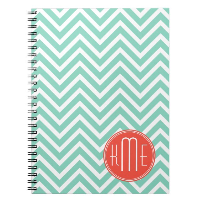 Chic Aqua Green Chevron and Orange Custom Monogram Spiral Notebook (Front)