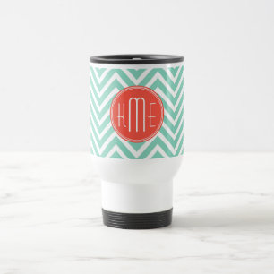 Chic Aqua Green Chevron and Orange Custom Monogram Travel Mug