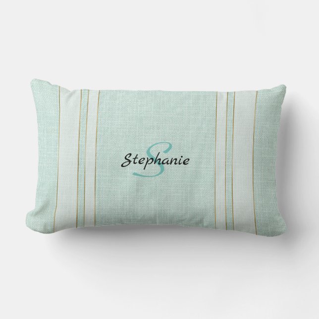 Chic Aqua Linen Look with Monogram Lumbar Cushion (Front)