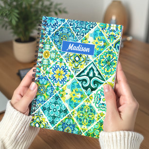 Chic Aqua Mint Mediterranean Floral Tiles Notebook