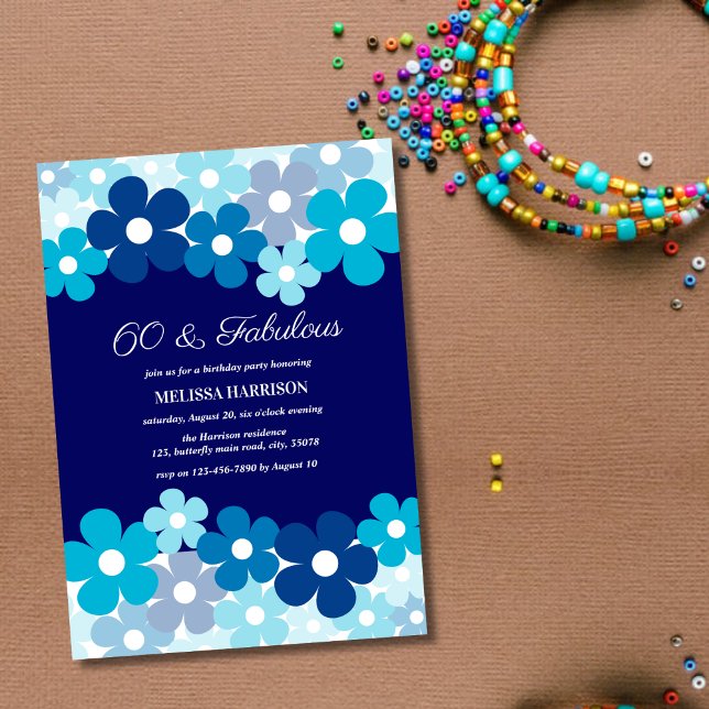 Chic Aqua Navy Blue Flower 60 Fabulous Birthday Invitation (Creator Uploaded)
