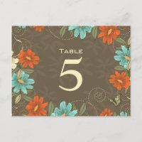 Chic aqua orange cream floral wedding table number