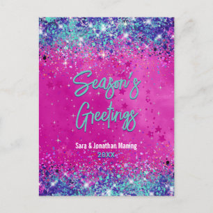 Chic aqua pink glitter Christmas new year Postcard