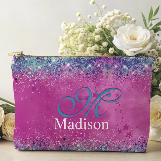 Chic aqua pink iridescent glitter monogram accessory pouch (Creator Uploaded)