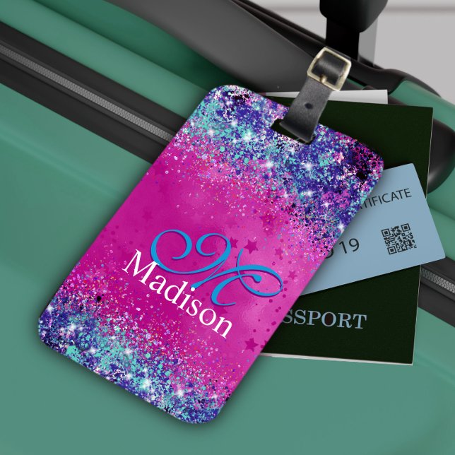 Chic aqua pink iridescent glitter monogram luggage tag (Creator Uploaded)