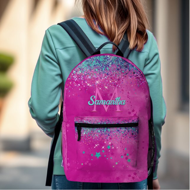 Chic aqua pink iridescent glitter monogram printed backpack (Creator Uploaded)