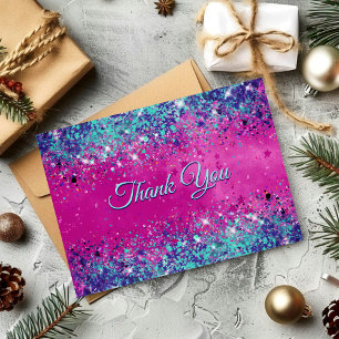 Chic aqua pink iridescent glitter thank you card