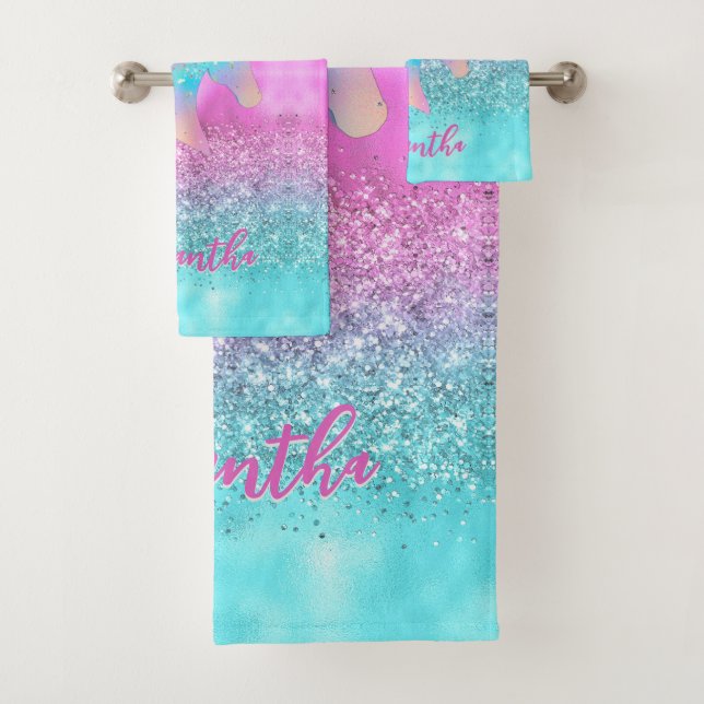 Chic Aqua Pink Unicorn Glitter glam monogram Bath Towel Set (Insitu)