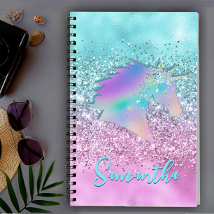 Chic Aqua Pink Unicorn Glitter glam monogram Notebook