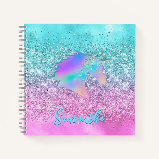 Chic Aqua Pink Unicorn Glitter glam monogram Notebook (Front)