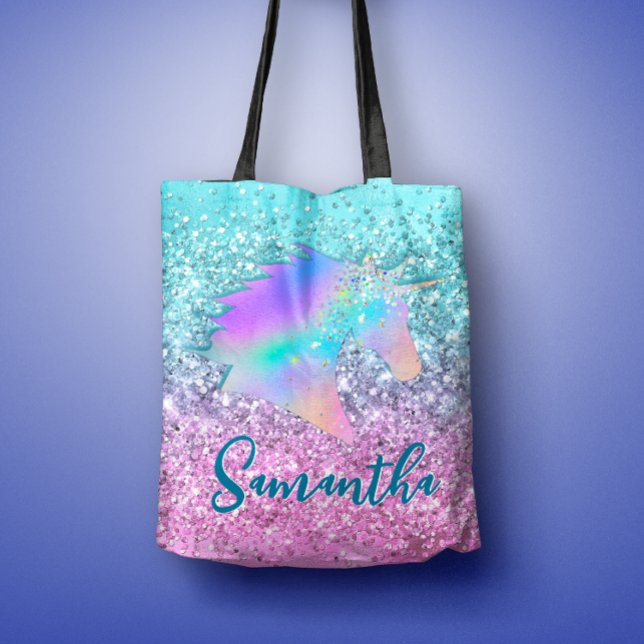 Chic Aqua Pink Unicorn Glitter glam monogram Tote Bag (Creator Uploaded)