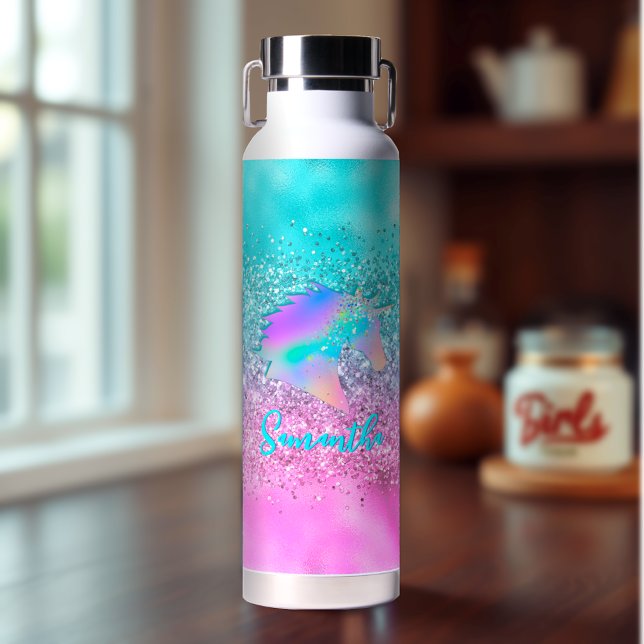 Chic Aqua Pink Unicorn Glitter glam monogram Water Bottle (Creator Uploaded)