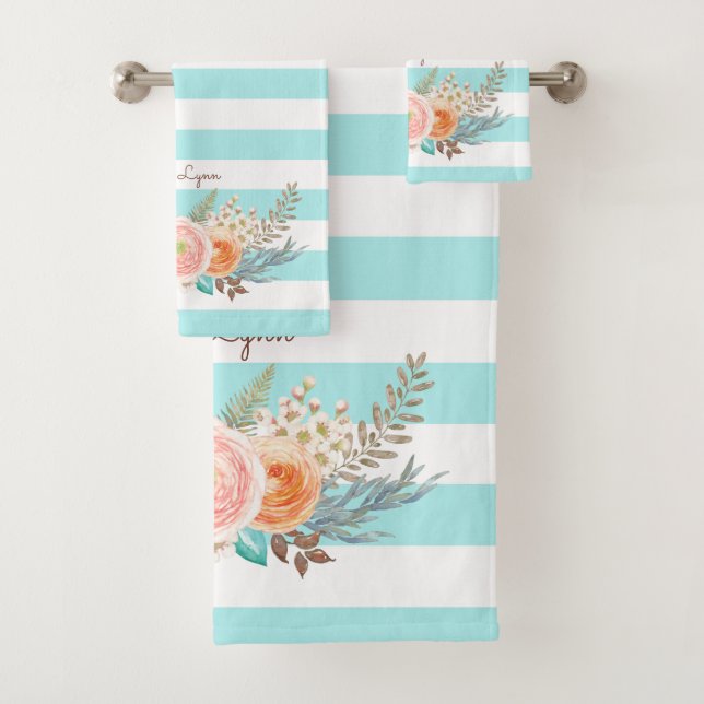 Chic Aqua Stripes Feminine Floral and Name Bath Towel Set (Insitu)