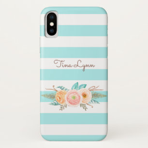 Chic Aqua Stripes Feminine Floral and Name iPhone X Case