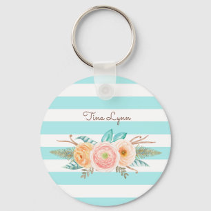 Chic Aqua Stripes Feminine Floral and Name Key Ring