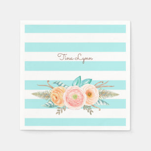 Chic Aqua Stripes Feminine Floral and Name Napkin