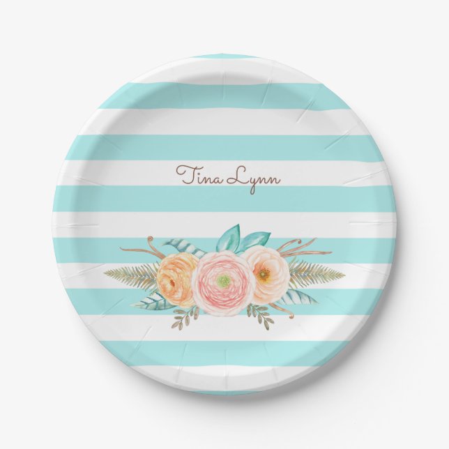 Chic Aqua Stripes Feminine Floral and Name Paper Plate (Front)