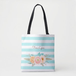 Chic Aqua Stripes Feminine Floral and Name Tote Bag