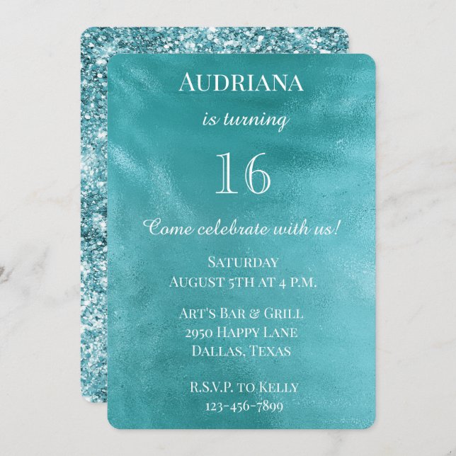 Chic Aqua Turquoise Blue Glam Birthday Invitation (Front/Back)