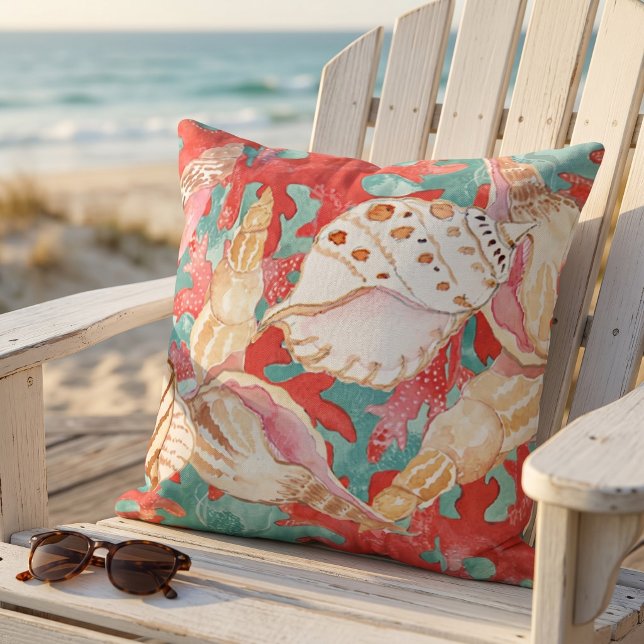 Chic Aqua Turquoise Coral Red Seashells Pattern Cushion (Creator Uploaded)
