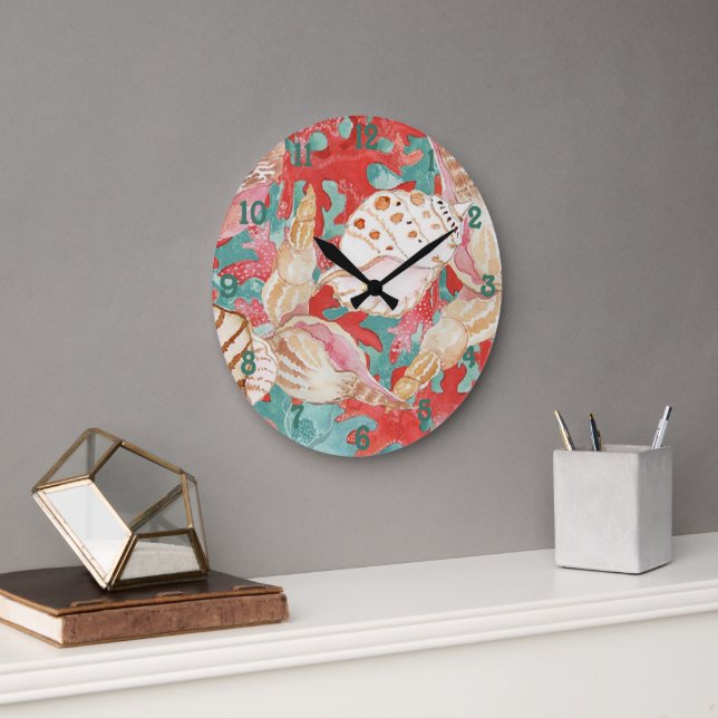Chic Aqua Turquoise Coral Red Seashells Pattern Large Clock (Office)