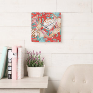 Chic Aqua Turquoise Coral Red Seashells Pattern Square Wall Clock