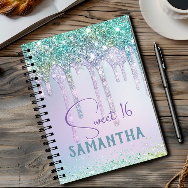 Chic aqua Unicorn Glitter birthday monogram Notebook (Creator Uploaded)