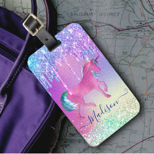 Chic aqua Unicorn rainbow Drips monogram Luggage Tag