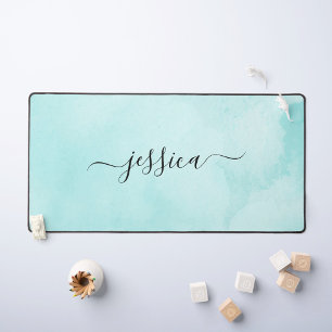 Chic Aqua Watercolor Calligraphy Script Desk Mat