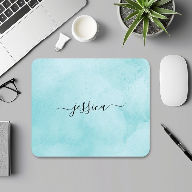 Chic Aqua Watercolor Calligraphy Script Mouse Pad (Creator Uploaded)