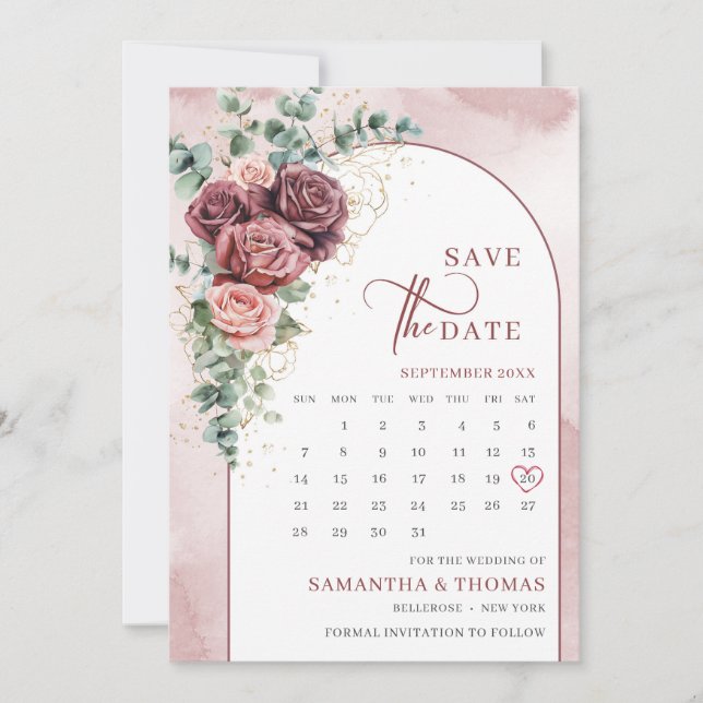Chic arch blush marron roses floral eucalyptus save the date (Front)