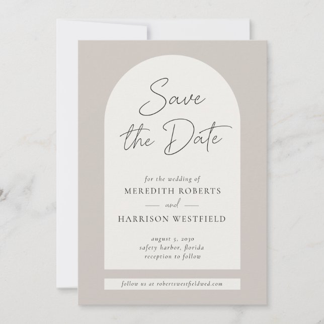 Chic Arch Frame Modern Script Taupe Ecru Wedding Save The Date (Front)