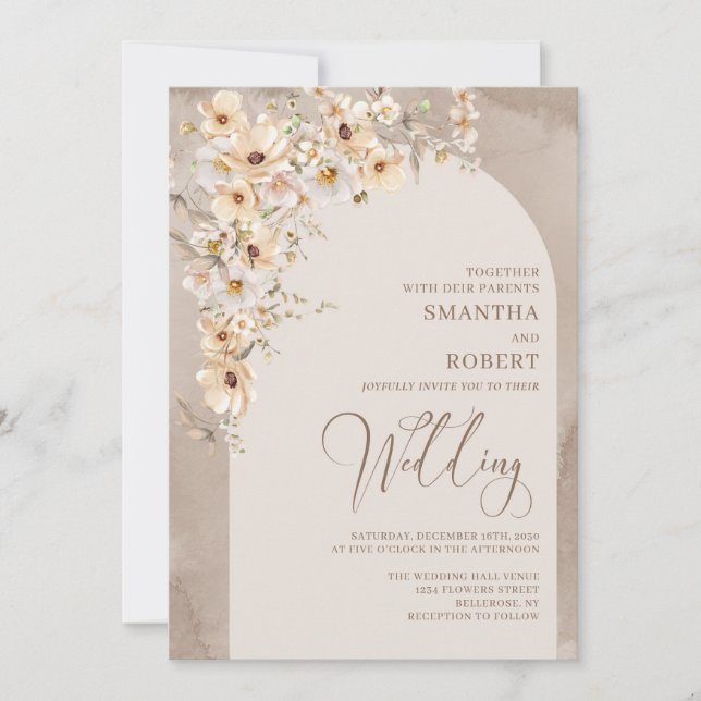Chic arch neutral wildflowers ivory brown wedding invitation (Front)