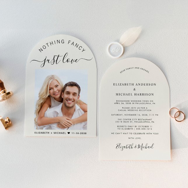 Chic Arch Photo Cream Wedding Reception Invitation (Celebrate your love story with a chic arch-shaped elopement announcement and reception invitation)