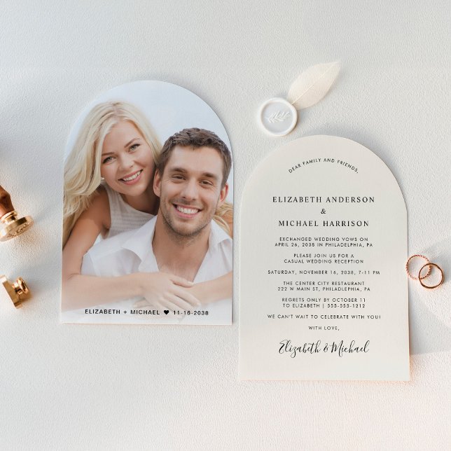 Chic Arch Photo Cream Wedding Reception Invitation (Celebrate your love story with a chic arch-shaped elopement announcement and reception invitation)