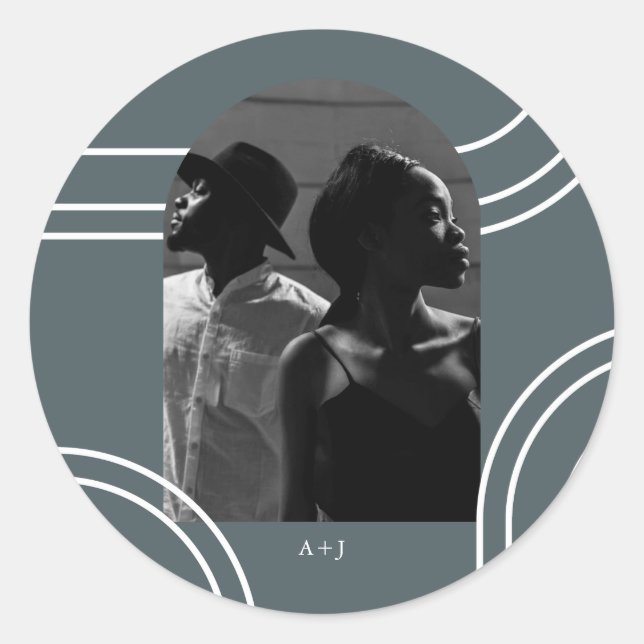 Chic Arches with Monogram Blue Photo Wedding Classic Round Sticker (Front)