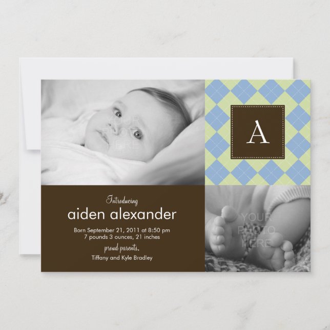 Chic Argyle Baby Boy Birth Announcement (Front)