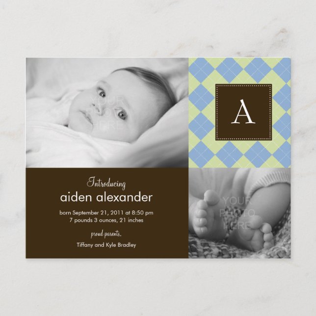 Chic Argyle Baby Boy Birth Announcement Postcard (Front)