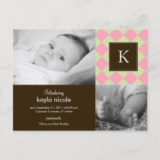 Chic Argyle Baby Girl Birth Announcement Postcard