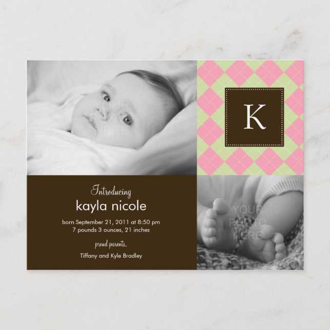Chic Argyle Baby Girl Birth Announcement Postcard (Front)