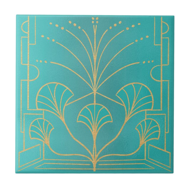 Chic Art deco aqua blue fountain tile with palms (Front)