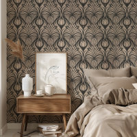 Chic Art Deco Floral Feather Pattern Black & Beige
