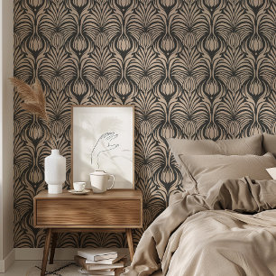 Chic Art Deco Floral Feather Pattern Black & Beige Wallpaper