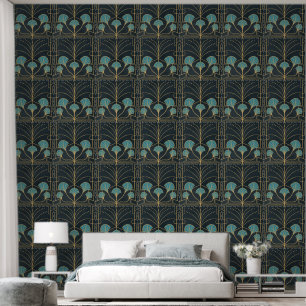 Chic Art deco fountain tile with teal blue palms Wallpaper