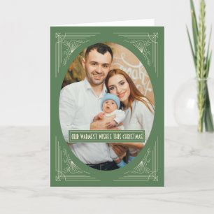 Chic Art Deco Green Frame Custom Photo Christmas H Holiday Card