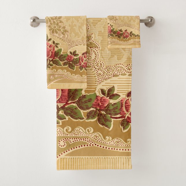 Chic Art Nouveau Gold and Red Floral Bath Towel Set (Insitu)