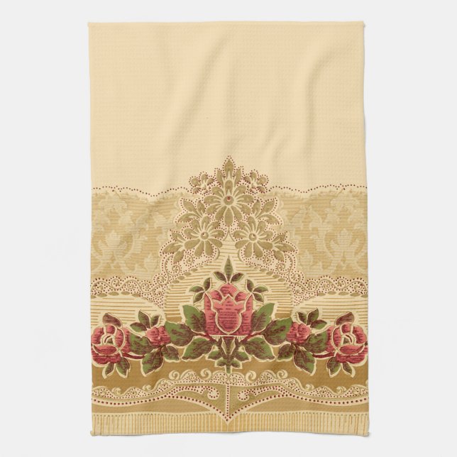 Chic Art Nouveau Gold and Red Floral Tea Towel (Vertical)