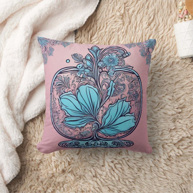 Chic Art Nouveau Turquoise Floral Vintage Pink Cushion (Blanket)
